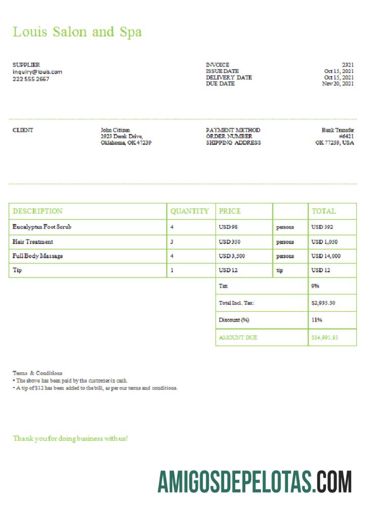 Fatura de salão e spa Louis dos EUA amostra